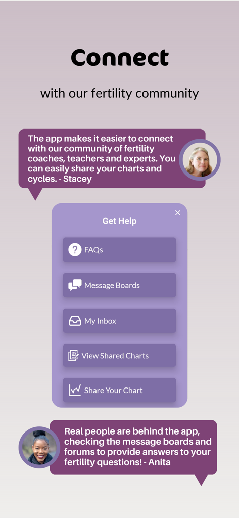 PeakDay Fertility Tracker App - Pantalla de la aplicación PeakDay que muestra funciones de soporte comunitario y un menú de ayuda para el seguimiento de la fertilidad.
