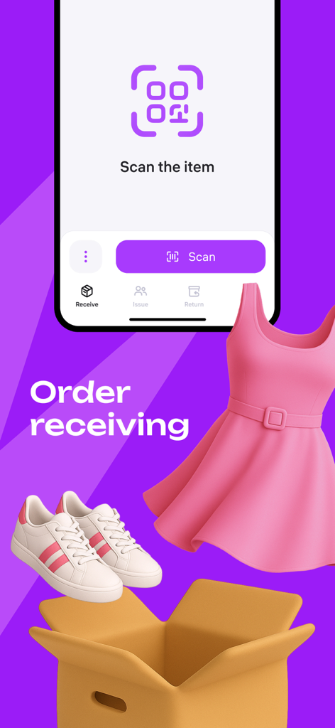 Goods Flow - Goods Flow mobile app interface for order receiving featuring a scan tool and product visuals including a dress and shoes.