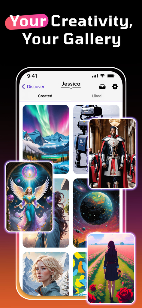 WOMBO Dream - AI Art Generator - A mobile screen showing a user gallery of AI generated art in the WOMBO Dream app.