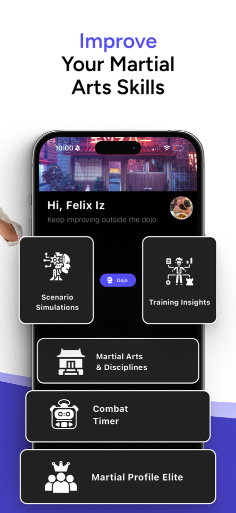 Martial Profile app home screen showing training simulations insights and combat timer