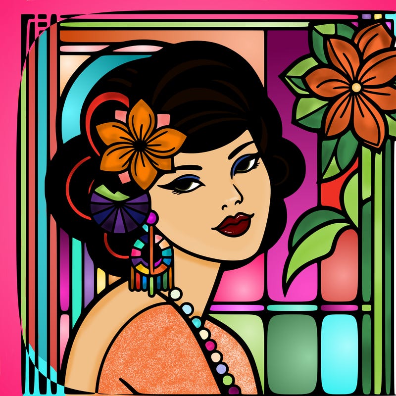 art deco woman hawaiian flower and hair