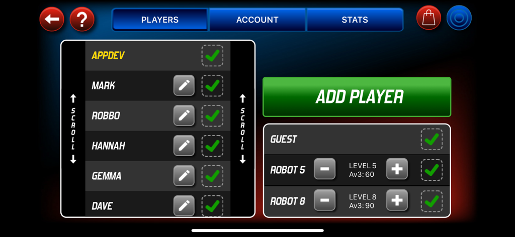 Unicorn ScoreBuddy - Unicorn ScoreBuddy app player management screen showing a list of users and robot opponent settings