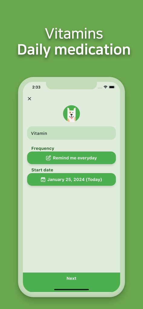 Setup screen in the Max Pill Reminder app for scheduling a daily vitamin medication with a friendly dog mascot