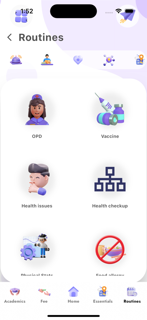 MES School Qatar - The Routines page of the MES School Qatar app featuring health tracking options like vaccines and checkups