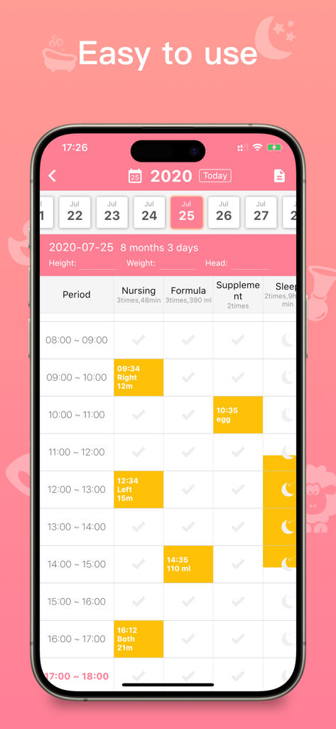 Eine Aufzeichnungskarte im Tabellenformat in der Baby Tracker App, die tägliche Protokolle für Stillen, Formelnahrung und Schlaf anzeigt.