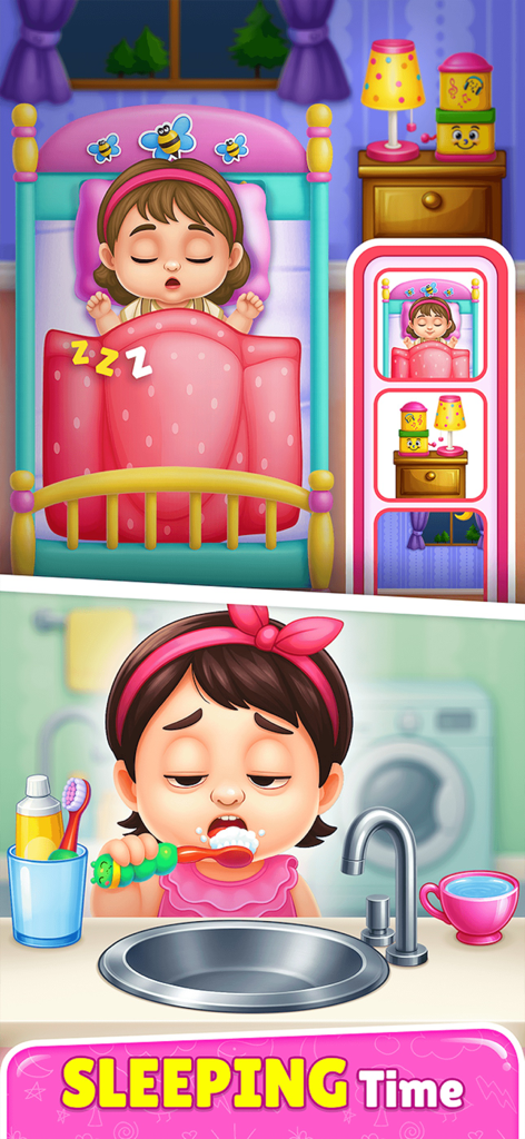 BabySitter DayCare Games - A baby girl sleeping in bed and brushing her teeth in the BabySitter DayCare game.