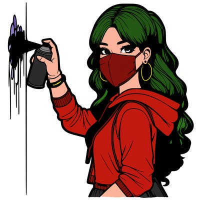 realistic girl with mask spray painting a wall