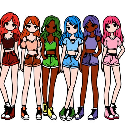 a group of girls wearing crop tops and shorts