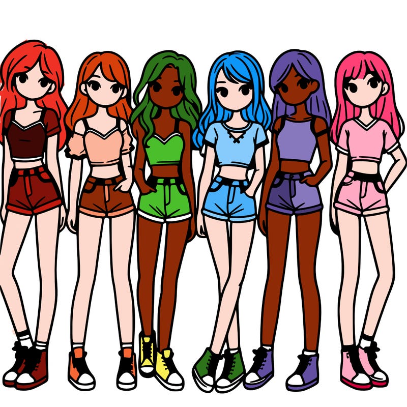 a group of girls wearing crop tops and shorts