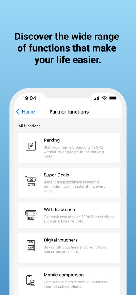 prepaid TWINT & other banks - TWINT app interface showing a list of partner functions including parking, super deals, cash withdrawal, and digital vouchers