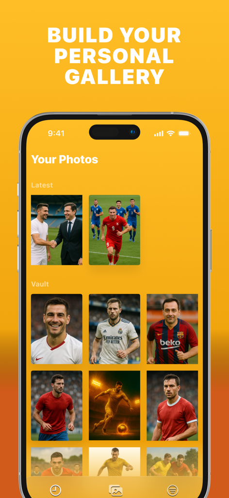 Doradoball AIアプリの個人ギャラリー画面に、生成されたプロサッカー選手のポートレートのグリッドが表示されている