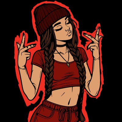 realistic teenage girl with braids and a beanie and crop top doing 🫶🏼