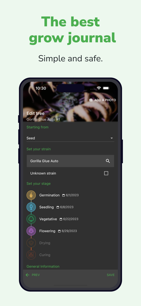 Interface of Grow with Jane app for tracking cannabis plant stages from seed to harvest