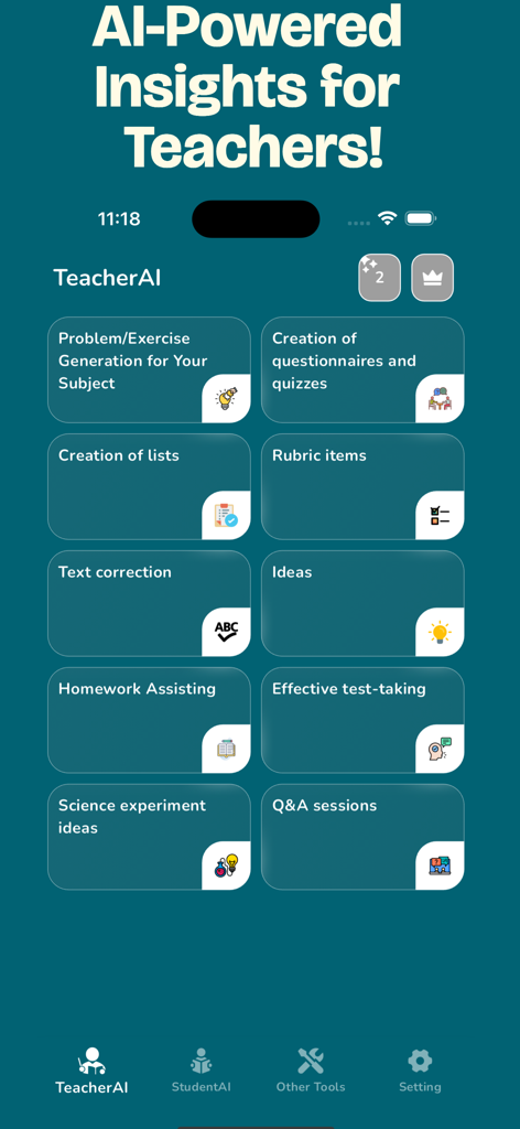 Goth AI app teacher interface showing academic tools like quiz creation and text correction