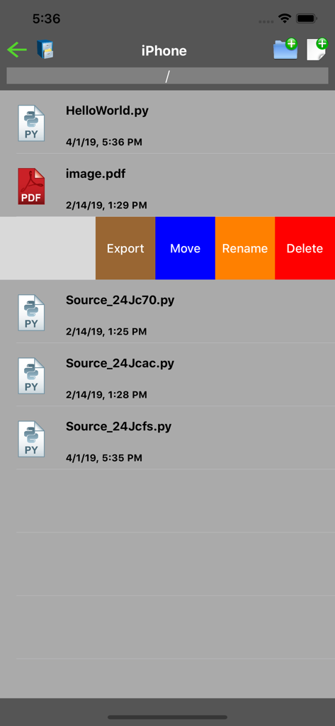 File management screen in the Python app showing a list of script files and options to export move rename or delete