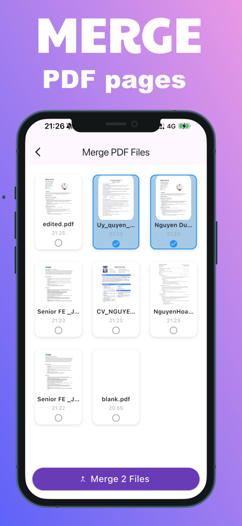 PDF Editor - Edit, Sign, Read - 複数のPDFドキュメントを選択してマージする機能を示すモバイルインターフェイス。