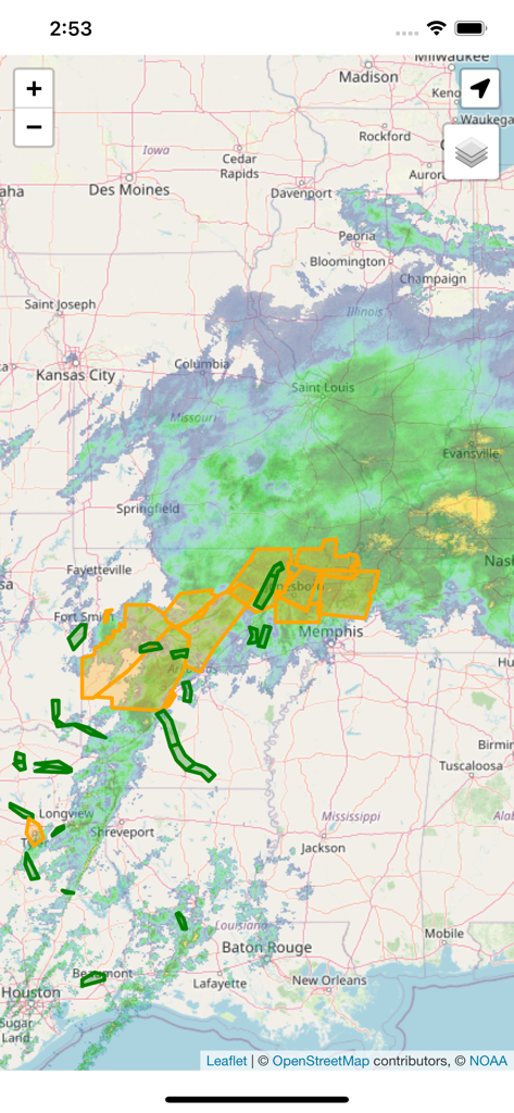 High resolution Doppler radar map with severe storm signatures and weather warnings across the central United States
