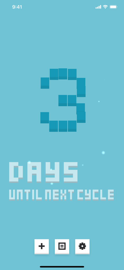 Cube Period Trackerのミニマルなユーザーインターフェイス。次の生理周期まであと3日であることを示す大きなピクセル数字が表示されています。