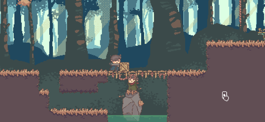Two pixel art characters solving a cooperative puzzle in a forest environment in BOKURA.