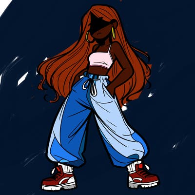 girl in baggy pants crop top and long hair