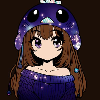 anime girl with chick shaped hat with sweater with bare shoulders with bangs covering them one eye with low tail