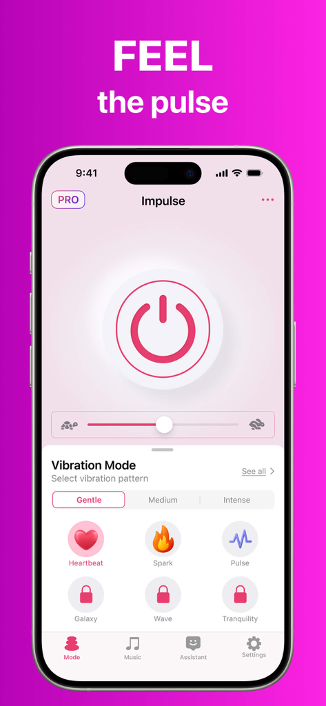 Vibration Massagerㅤ - Vibration Massager app interface showing impulse mode with heartbeat and spark vibration patterns