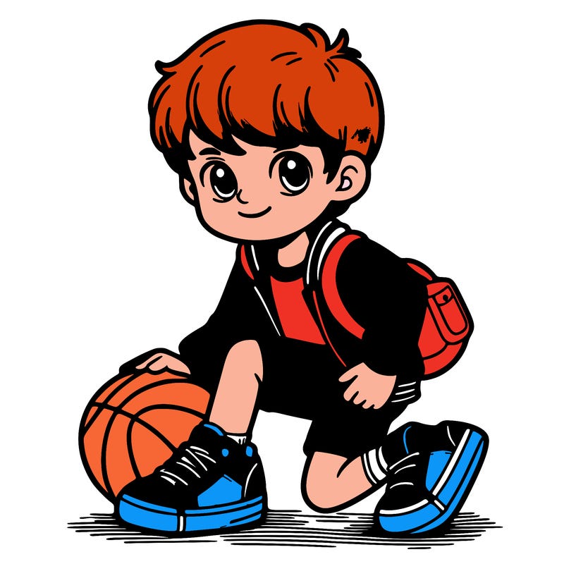 boy in red jacket and white shirt and basketball shorts and tennis shoes