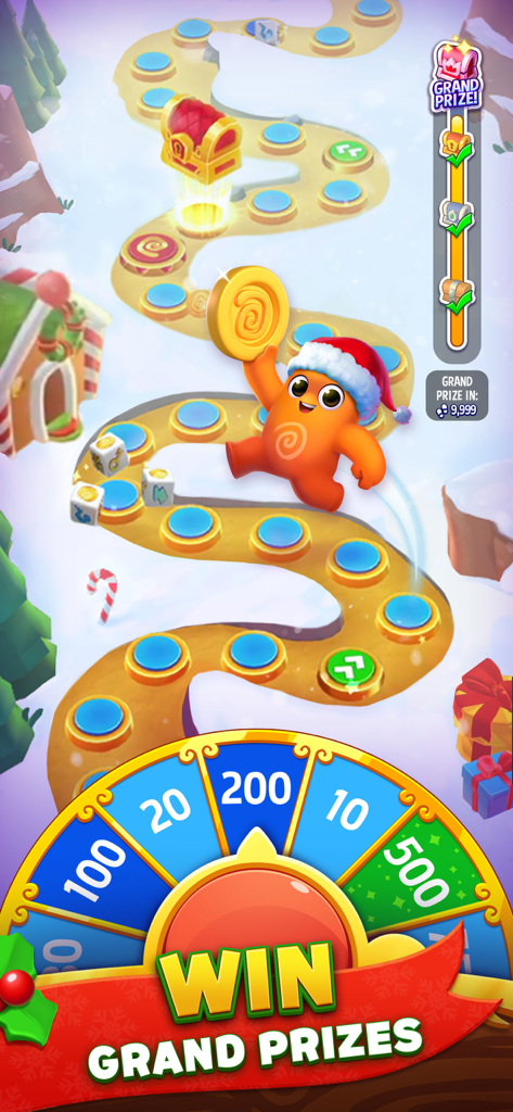 Dice Dreams character on a snowy game board path with a prize wheel and a treasure chest