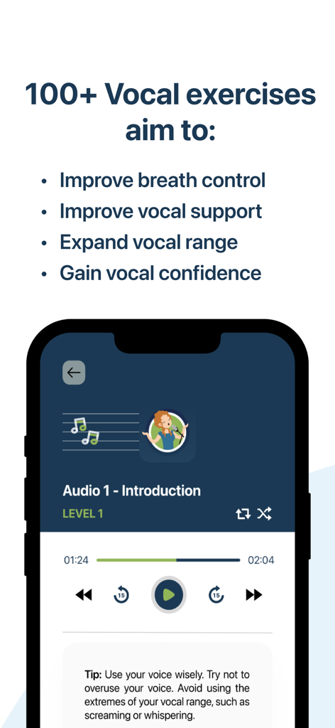 Singing Lessons: Learn to Sing - Captura de pantalla de la aplicación Clases de Canto mostrando una lista de beneficios de ejercicios vocales y la interfaz de reproducción de audio.