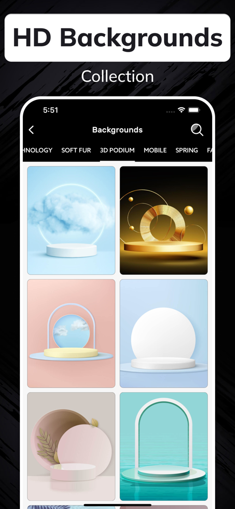 Uma coleção de fundos HD de pódios 3D profissionais para exibição de produtos na aplicação Criador de Panfletos.