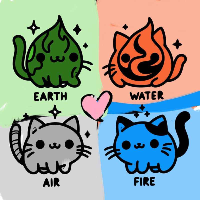 4 cats that represent the different elements, earth, water, air, and fire