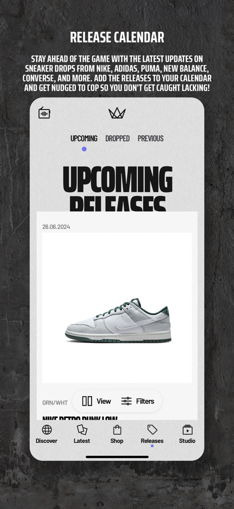Sportscene Social Club - The Sportscene Social Club app interface showing an upcoming sneaker release calendar with a Nike Retro Dunk Low