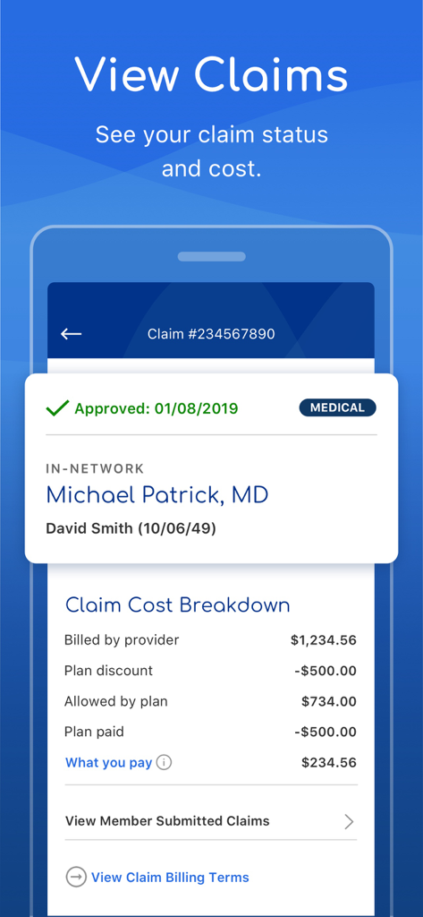 Sydney Health - Sydney Health app interface displaying a medical claim summary and cost breakdown