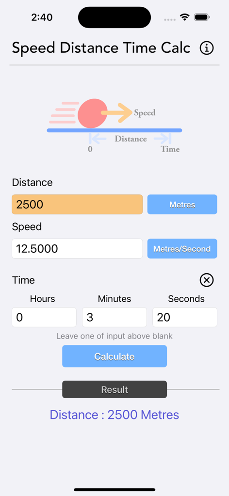 Speed Distance Time Calc - Speed Distance Time Calc app interface showing distance speed and time input fields with metric units