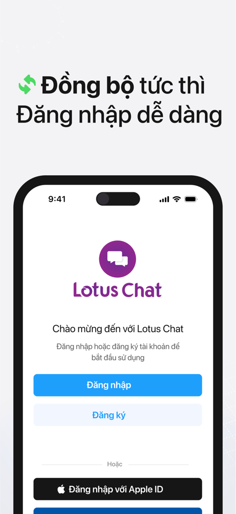 Welcome screen of Lotus Chat app showing login and signup options in Vietnamese