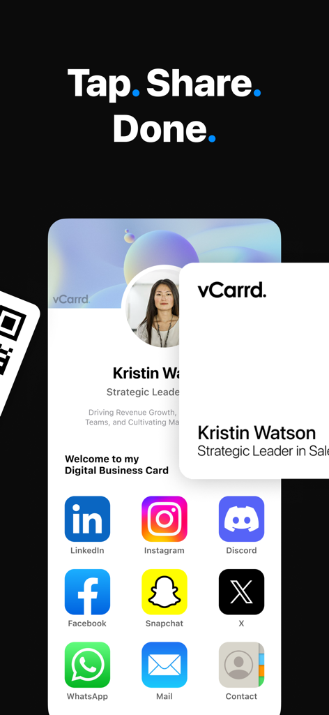vCarrd mobile app interface showing a professional digital business card with social media icons and the slogan Tap Share Done