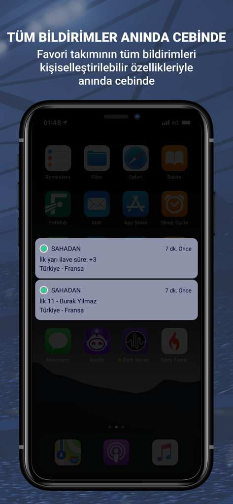 An iPhone screen displaying real-time sports push notifications from the Sahadan app in Turkish.