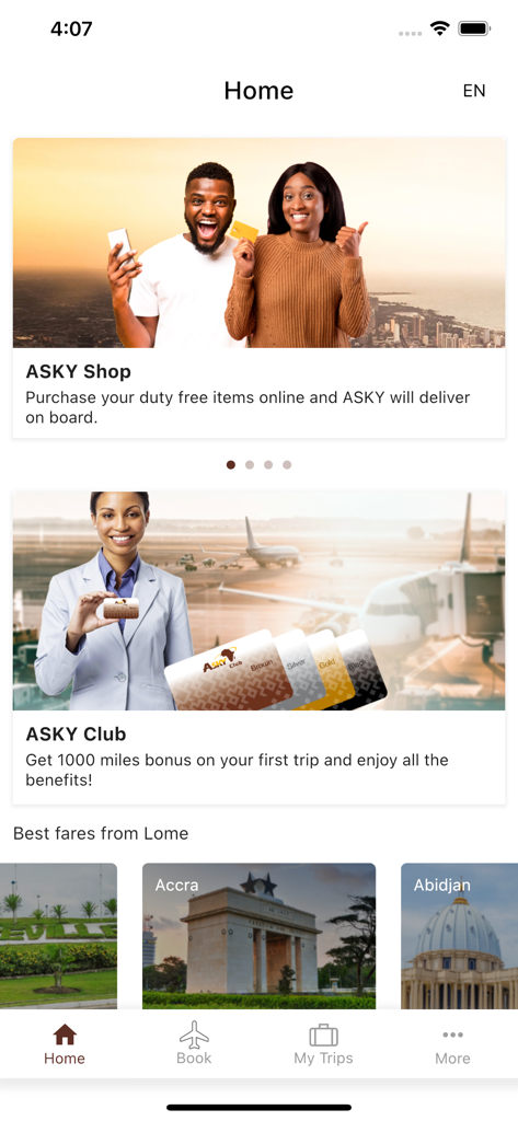 ASKY Airlines - Écran d'accueil de l'application ASKY Airlines affichant les récompenses de fidélité, les achats hors taxes et les offres de vols