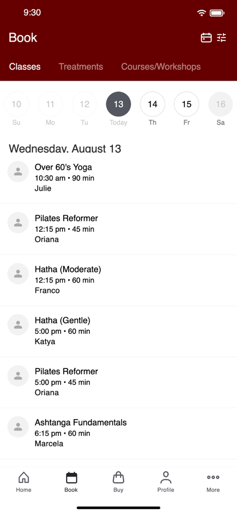 Qi Pilates, Health & Yoga - Qi Pilates and Yoga app booking screen showing class times and instructors