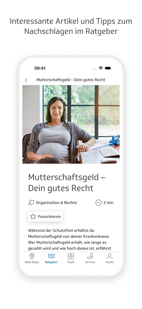 Bildschirm einer mobilen App, der einen informativen Artikel über Mutterschaftsleistungen für schwangere Frauen in Deutschland zeigt