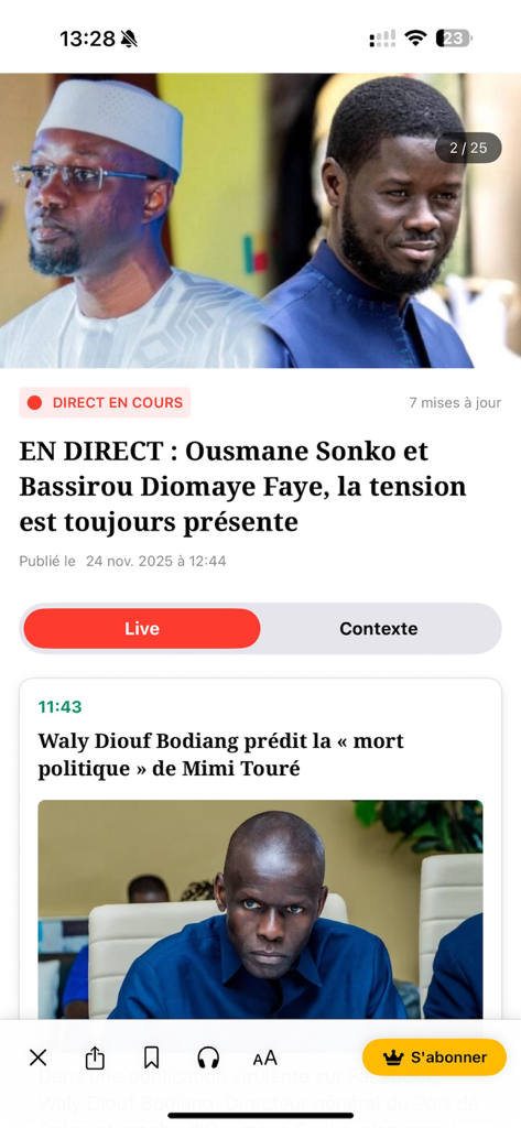 SeneNews – Infos & Actualité - Interfaccia dell'app mobile SeneNews che mostra notizie politiche in diretta dal Senegal.