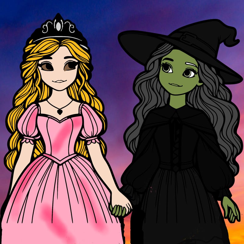 a princess and a witch holding hands realistic