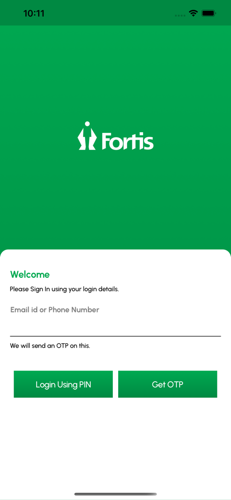 MyFortis Doc - Login screen for the MyFortis Doc app featuring the Fortis logo and fields for email or phone number with options for PIN or OTP login.