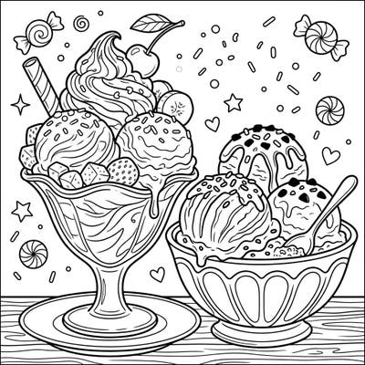 Dive into a world of sweet treats with this delightful ice cream and gelato coloring page. Featuring elaborate sundaes and classic scoops, it's a perfect way to relax and unleash your creativity.