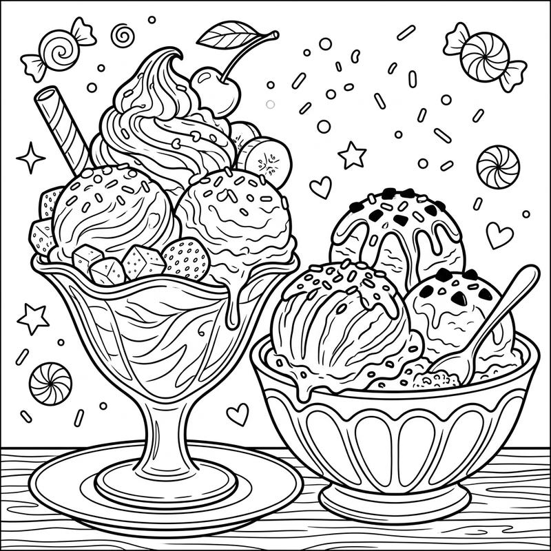 Dive into a world of sweet treats with this delightful ice cream and gelato coloring page. Featuring elaborate sundaes and classic scoops, it's a perfect way to relax and unleash your creativity.