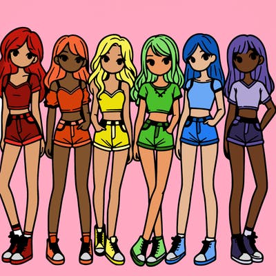 a group of girls wearing crop tops and shorts