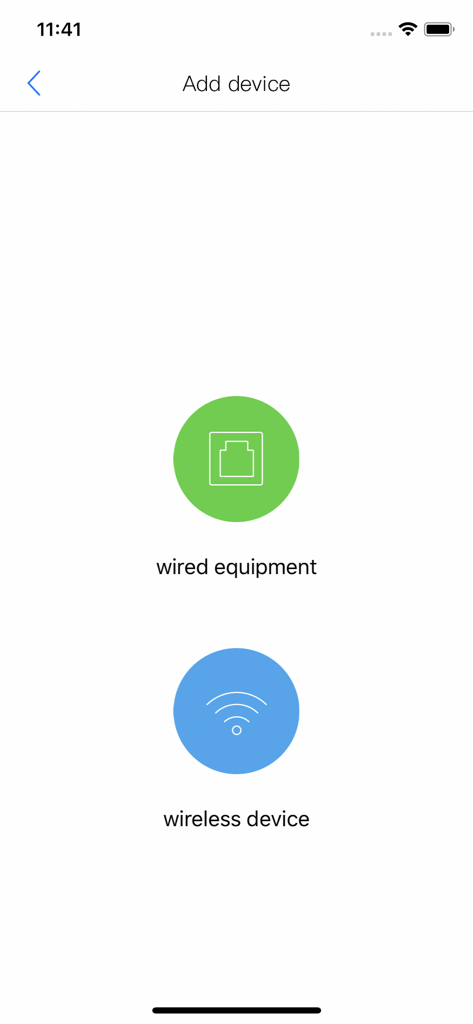 Screen showing options to add a wired or wireless camera in the HiSee app