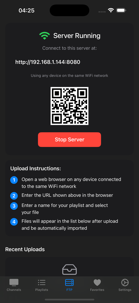 Mobdro IPTV Plus - Interface for the Mobdro IPTV Plus Wi-Fi and HTTP transfer server with a QR code