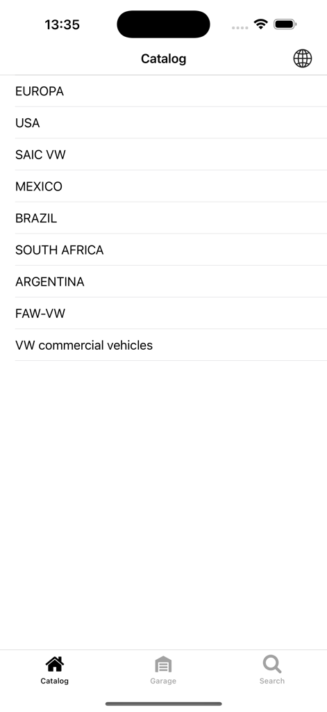 Car parts for Volkswagen - Volkswagen car parts app catalog selection screen showing various global markets like USA and Europe