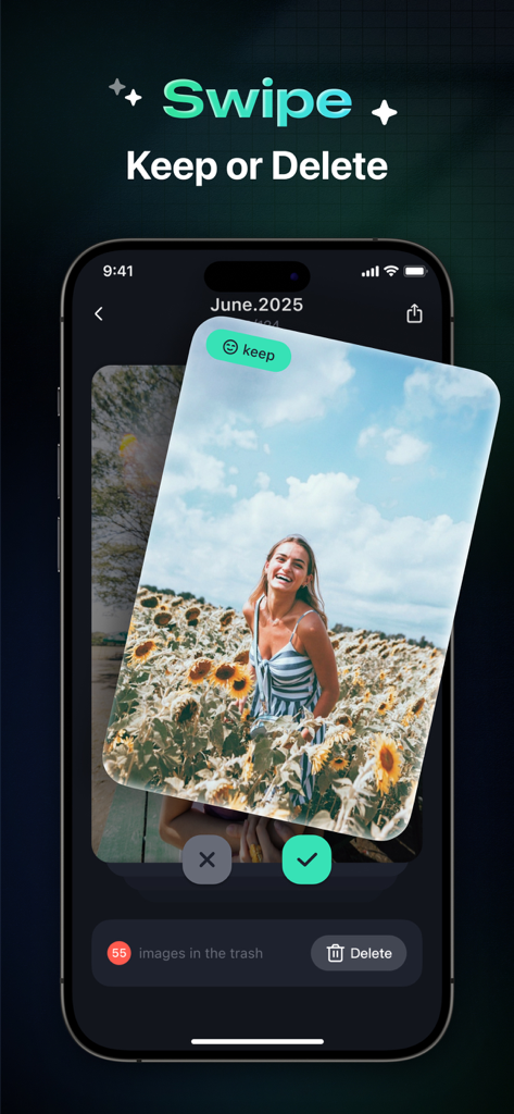 Space Cleaner app interface showing a swipe to clean feature to keep or delete photos from the phone gallery.